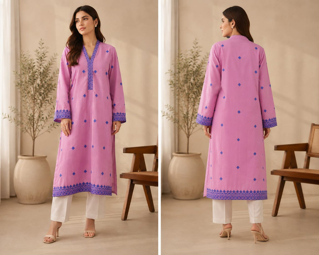 Pink Cotton Raw Silk Embroidered Kurta