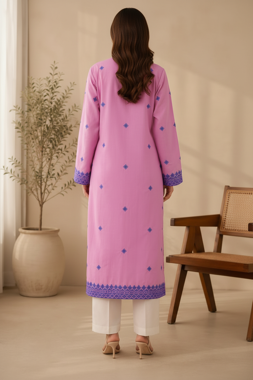 Pink Cotton Raw Silk Embroidered Kurta