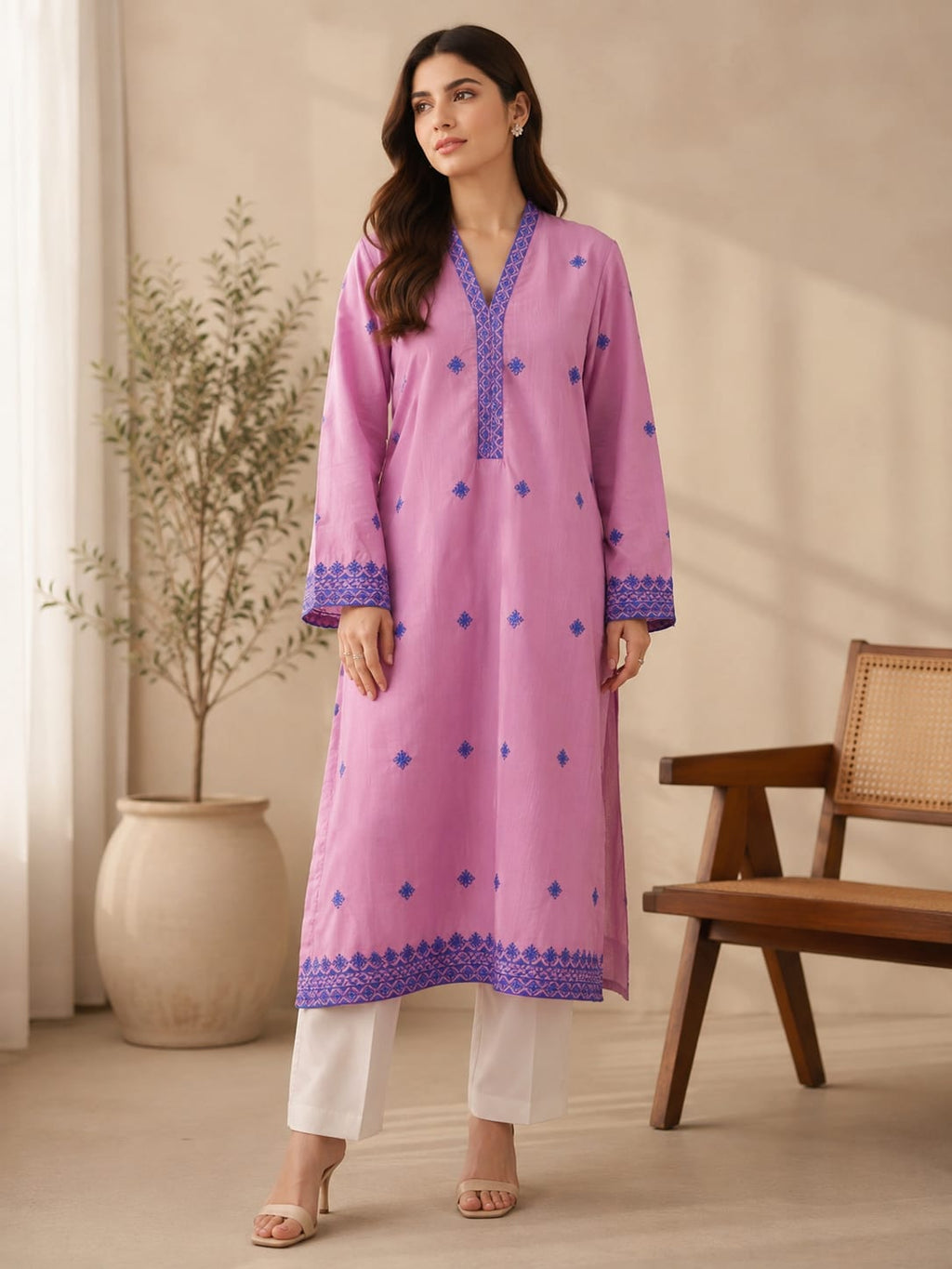 Pink Cotton Raw Silk Embroidered Kurta