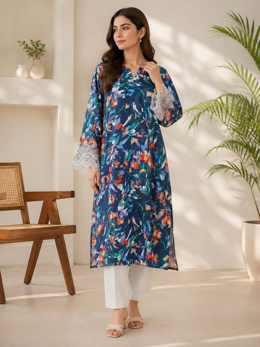 Navy Brushstroke Floral Digital Print Georgette Kurta