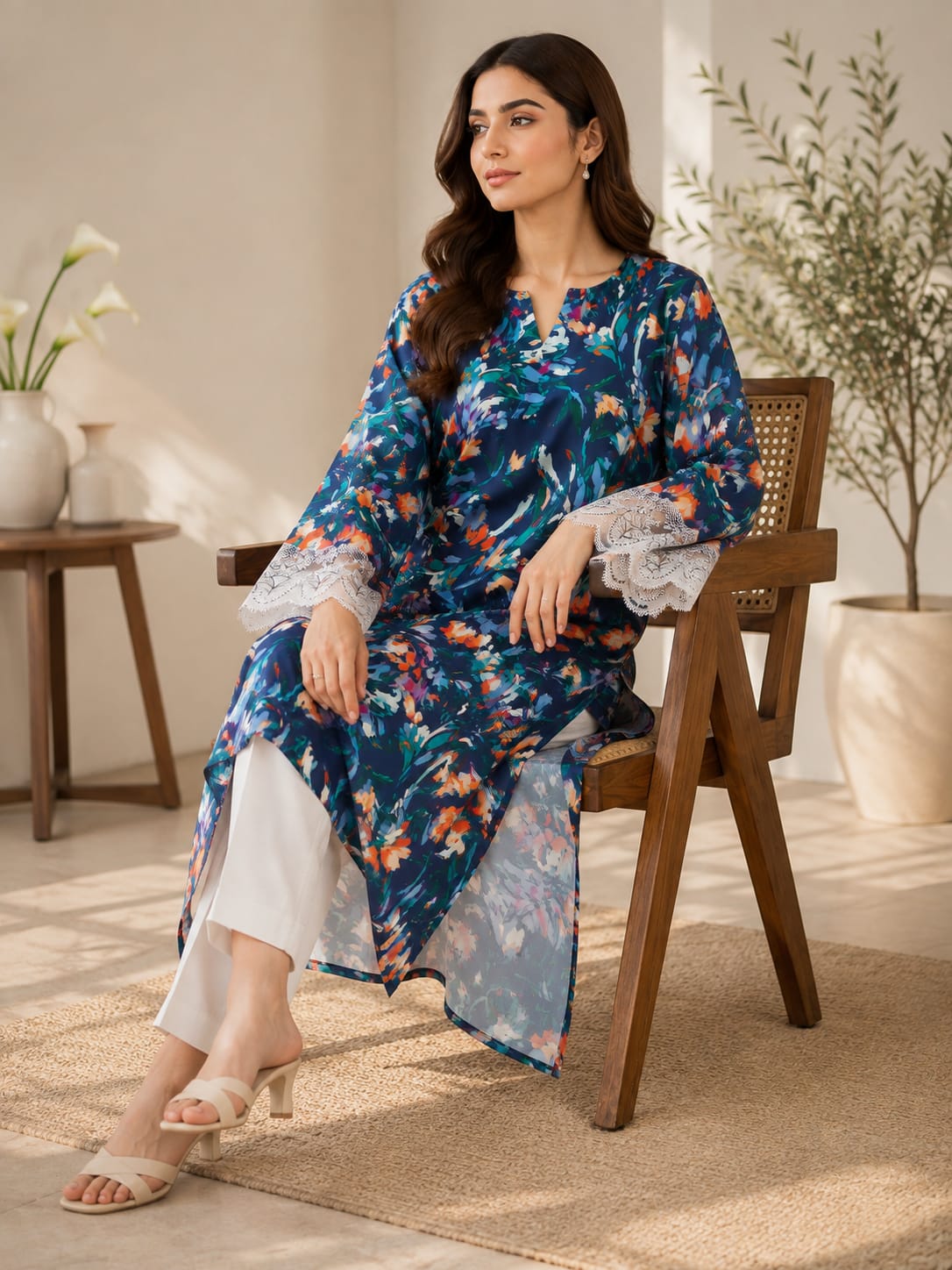 Navy Brushstroke Floral Digital Print Georgette Kurta