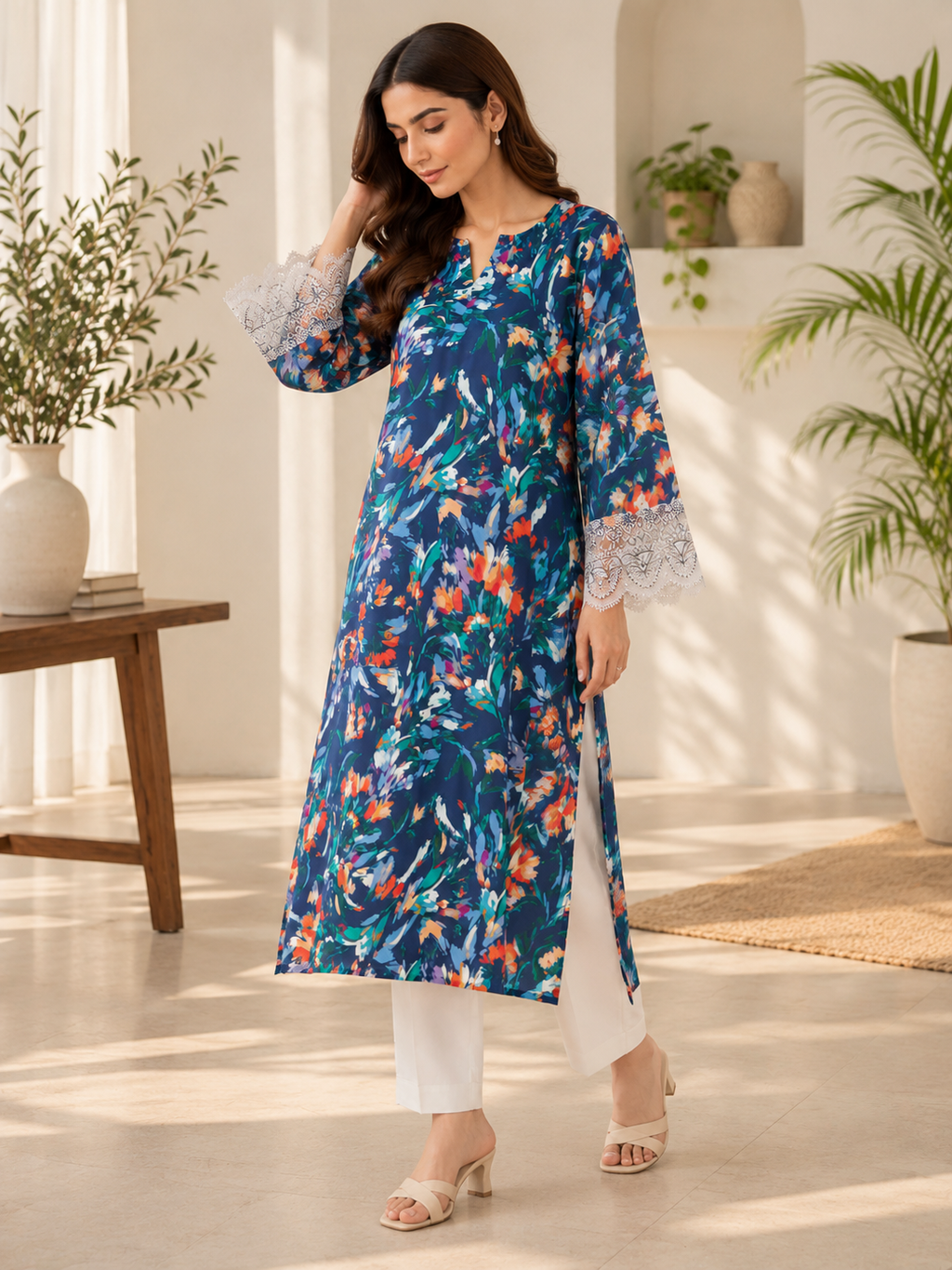 Navy Brushstroke Floral Digital Print Georgette Kurta