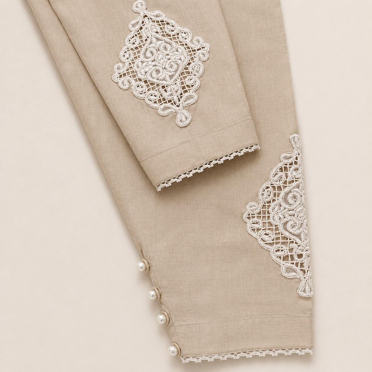 Beige Embroidered Trouser with Pearl Buttons